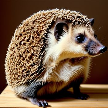 small hedgehog sitting on a wooden table looking at the camera with a brown background and a black background