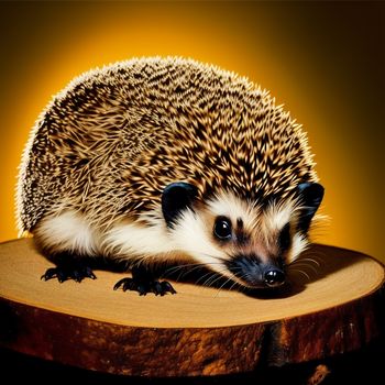 hedgehog sitting on a wooden table with its head on the table top and eyes closed