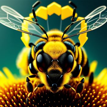 bee sitting on top of a yellow flower with a blue background and yellow wings on it's back