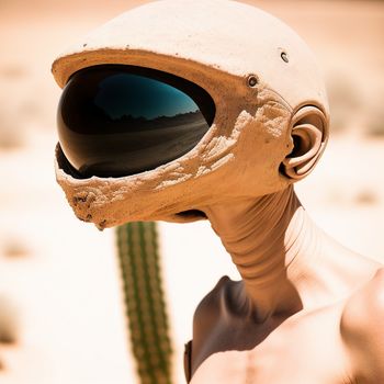 man with a helmet and a face mask on and a cactus in the background with a desert scene in the background