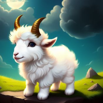 white goat with horns standing on a hill with a full moon in the background and a blue sky with clouds