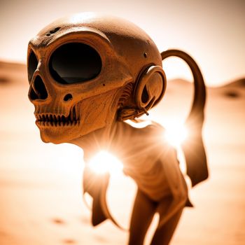 skeleton with a human head and a long tail is walking in the desert with the sun shining behind it