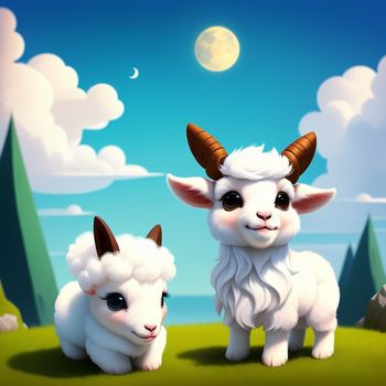 couple of sheep standing on top of a lush green field under a blue sky with clouds and a full moon