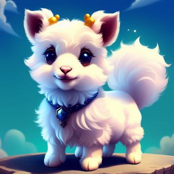 white dog with a crown on its head standing on a rock in the sky with clouds and stars