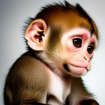 monkey with a tiny ear sitting on a table with a white background and a brown and white monkey with a pink nose