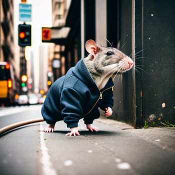 rat in a sweater on the street with a hose in its mouth and a building in the background