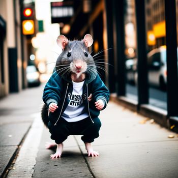 rat is standing on its hind legs on a sidewalk and is wearing a jacket and pants and a t - shirt