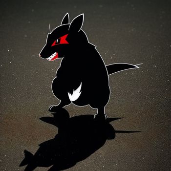 shadow of a pokemon standing on a surface with a red eye and tail on it's back