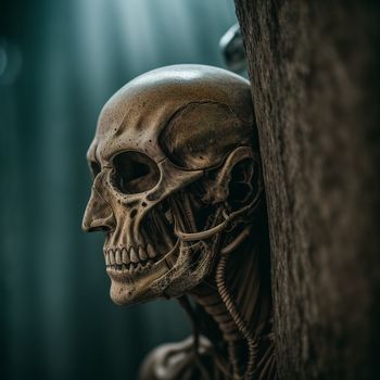 skeleton is peeking out from behind a wall with its head on a rock and a light shining down on it