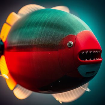 red and green toy fish with a big mouth and teeth on it's side