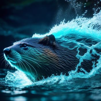 close up of a sea otter in the water with a wave coming up from the back of it