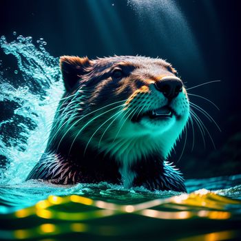 close up of a wet otter swimming in the water with its mouth open and eyes closed and water splashing around