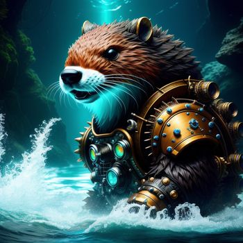 painting of a sea otter in a mechanical suit with a glowing eye and a glowing nose