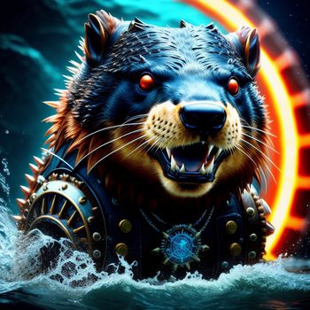 painting of a bear with a steampunk suit on in the water with a sun in the background