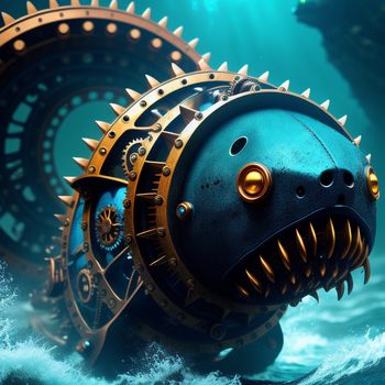 mechanical fish with spikes and a large mouth in the water with a light shining on it's side