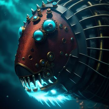 close up of a mechanical object in the water with a lot of teeth and spikes on it's face