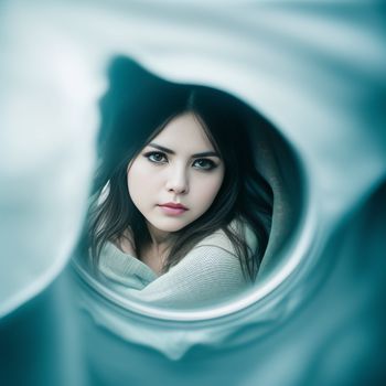 woman is looking through a hole in a blanketed cloth with her eyes open and her hair in the wind