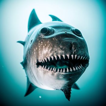 shark with its mouth open and teeth wide open in the water