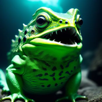 green frog with its mouth open and teeth wide open