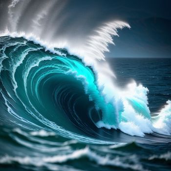 large wave is breaking in the ocean with a dark sky background and a blue ocean wave crashing over the top of the wave