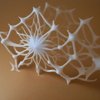 white sculpture of a flower on a brown surface with a light brown background and a white background with a light brown background