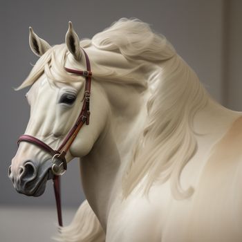 white horse with a bridle on it's head and manes is shown in a close up picture