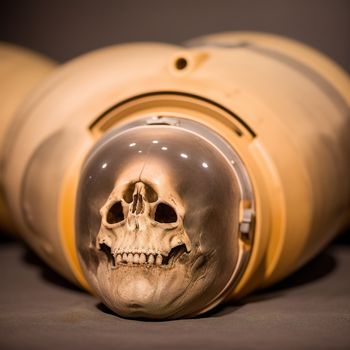 skull is in a glass jar with a banana in the background and a banana in the foreground