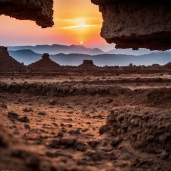 the sun is setting behind a rock formation in the middle of the desert