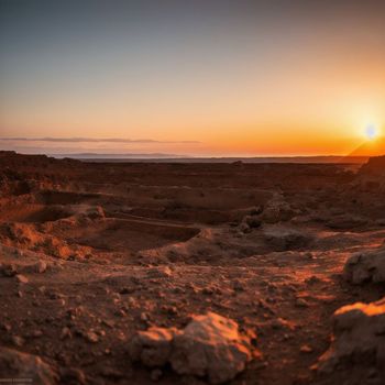 the sun is setting over a barren area with rocks and dirt in the foreground