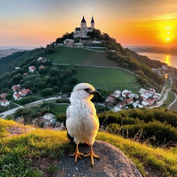 bird sitting on top of a rock in front of a castle