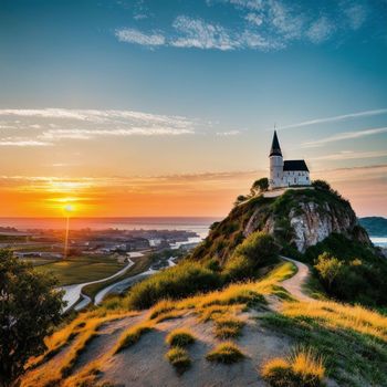 church on top of a hill with a sunset in the background