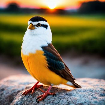 bird is sitting on a rock with a sunset in the background