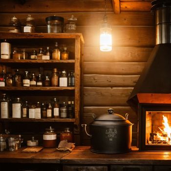 wood burning stove in a kitchen next to a shelf filled with jars