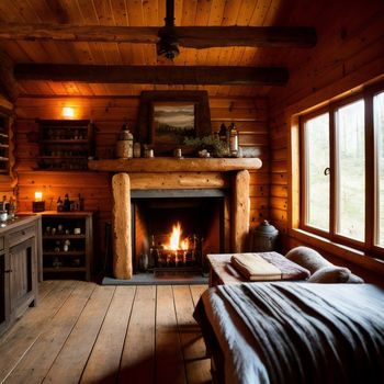 bedroom with a fireplace in the middle of it and a bed in the middle of the room