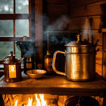 large pot sitting on top of a wooden table next to a fire