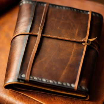 brown leather journal sitting on top of a brown leather table cloth