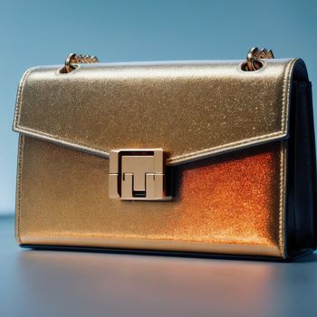 shiny gold purse sitting on top of a table next to a blue wall