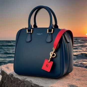 blue handbag sitting on top of a rock next to the ocean