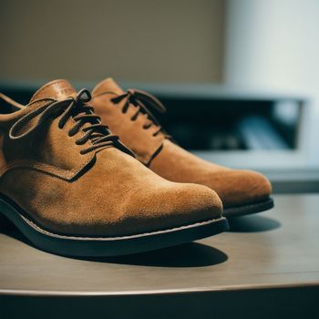 pair of brown shoes sitting on top of a wooden table next to a computer