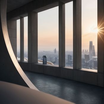 view of a city from the top of a building with large windows