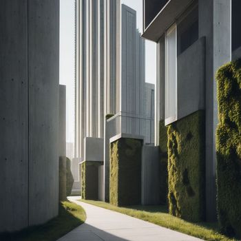 sidewalk in front of a tall building with grass growing on it