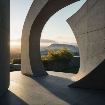 view of the sun setting over the mountains from a concrete structure