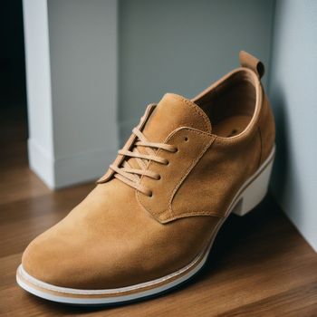 close up of a tan shoe on a wooden floor next to a wall