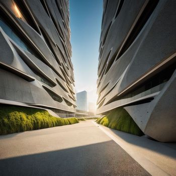 an empty street between two tall buildings with grass growing on the sides