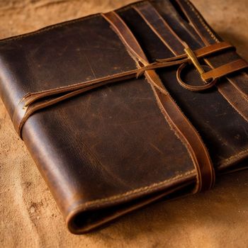 brown leather case sitting on top of a wooden table next to a pair of scissors