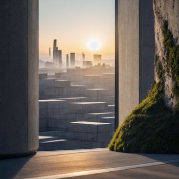 the sun is setting over the city from a concrete structure with moss growing on it