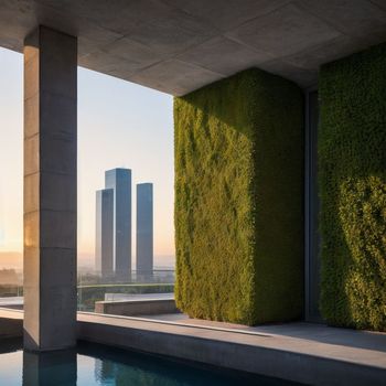 building with a pool in front of it and a building in the background