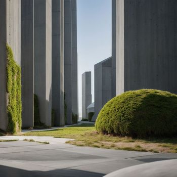 green bush is growing between two concrete pillars in a city park