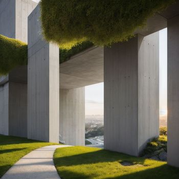 walkway between two concrete pillars with grass growing on top of them