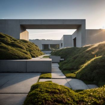 concrete building with grass growing on the ground and a walkway leading up to it